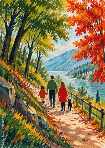 Family Walking Autumn Forest Path Illustration