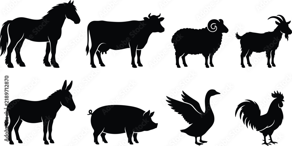 Fototapeta premium Collection of black farm animal silhouettes including horse, cow, ram, goat, donkey, pig, goose, and rooster.