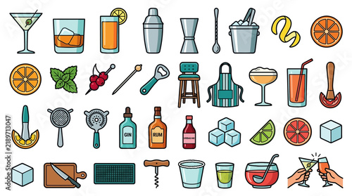 A Comprehensive Collection of Cocktail Icons for National Cocktail Day Celebrations Featuring Barware and Refreshing Drink Elements
