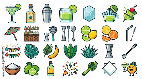 Festive Cocktail and Margarita Day Preparation Vector Icon Set Featuring Bar Equipment and Tropical Garnish Elements