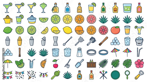 Margarita Day vector icon set featuring refreshing cocktail drinks, fresh citrus fruits, bar equipment, and tropical decor