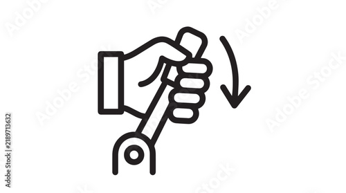 Minimalist vector illustration of human hand operating mechanical control lever with downward motion arrow icon design