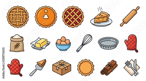 Premium Vector Icon Set of National Pie Day Baking Essentials and Homemade Pastry Desserts for Culinary Projects and Kitchen Blogs