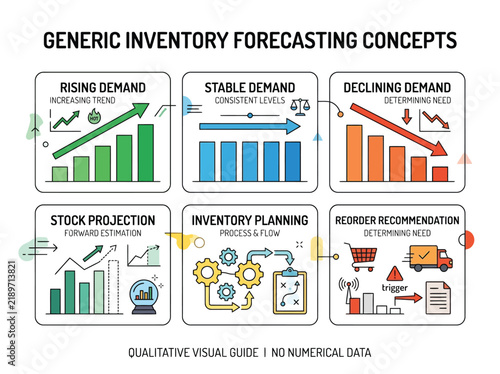 E- COMMERCE Inventory forecasting concepts infographic, supply chain management stock projection charts, logistics planning business vector set Vector