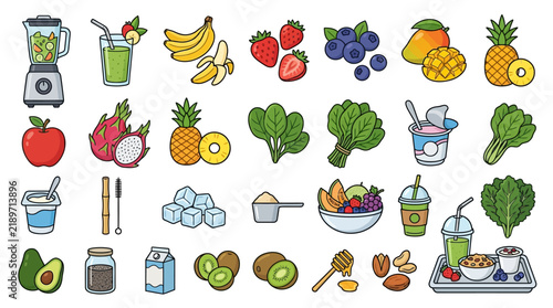 Smoothie Day vector icon set featuring a collection of fresh fruits, vegetables, and healthy ingredients for drink preparation