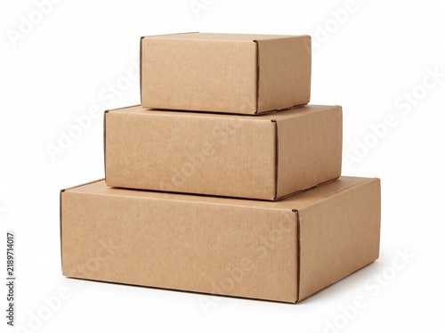 Three stacked cardboard boxes of different sizes on a white background, perfect for shipping, packaging, moving, and storage needs