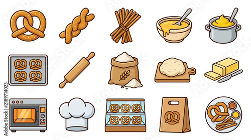 Vector icon set of traditional baked dough snacks, bakery ingredients, and professional kitchen equipment for food design