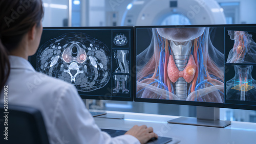 Thyroid neck lump evaluation and treatment planning technology concept with realistic anatomy, diagnostic imaging interface and 3D visualization for endocrinology education and patient communication