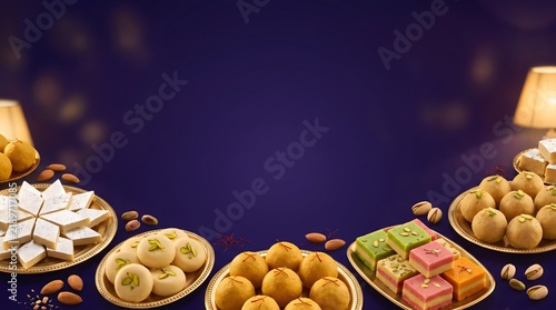 Traditional indian sweets arranged on plates for the celebration of the hindu festival of diwali with festive lighting