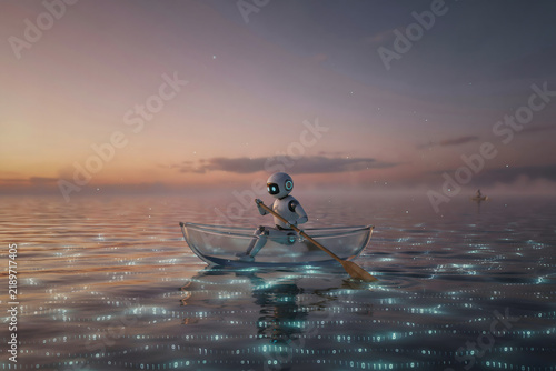 A small white robot rowing a transparent glass boat on a dark sea with glowing binary code numbers floating in the water at twilight time