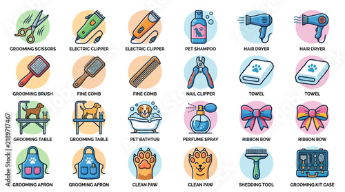 Set of colorful flat design icons for professional pet grooming equipment and animal care tools isolated on a white background