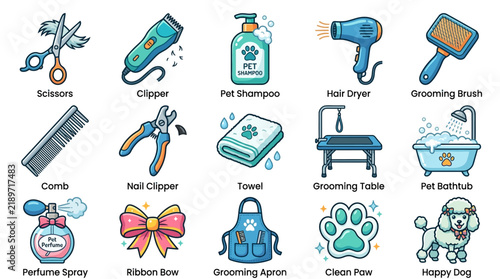 Pet Grooming Icon Set Including Bathing Tools and Dog Care Accessories for Professional Salon Services and Hygiene Maintenance