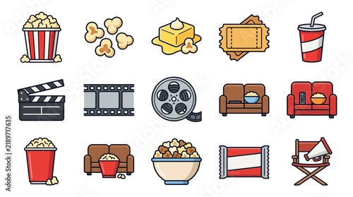 Collection of cinema and entertainment themed vector icons representing movie night snacks and film production equipment