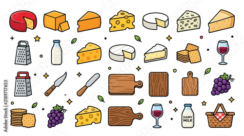 Premium Vector Icon Set Featuring Various Types Of Cheese, Wine, Grapes, And Picnic Essentials For Gourmet Food Design