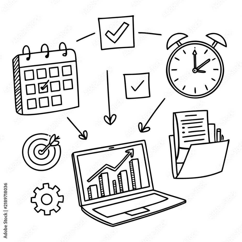 Obraz premium Business workflow icons featuring a laptop with growth chart calendar alarm clock target documents hand drawn workflow
