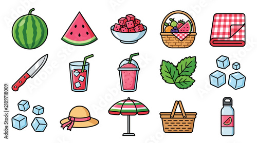 A vibrant summer watermelon day icon set featuring refreshing fruit snacks, picnic accessories, and outdoor vacation items