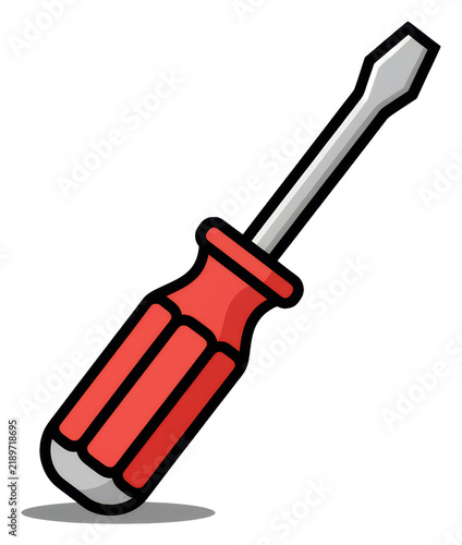 A bright red ergonomic Phillips head screwdriver with metallic gray shank and cross-shaped tip, isolated on a transparent background with a subtle shadow, concept of repair tools