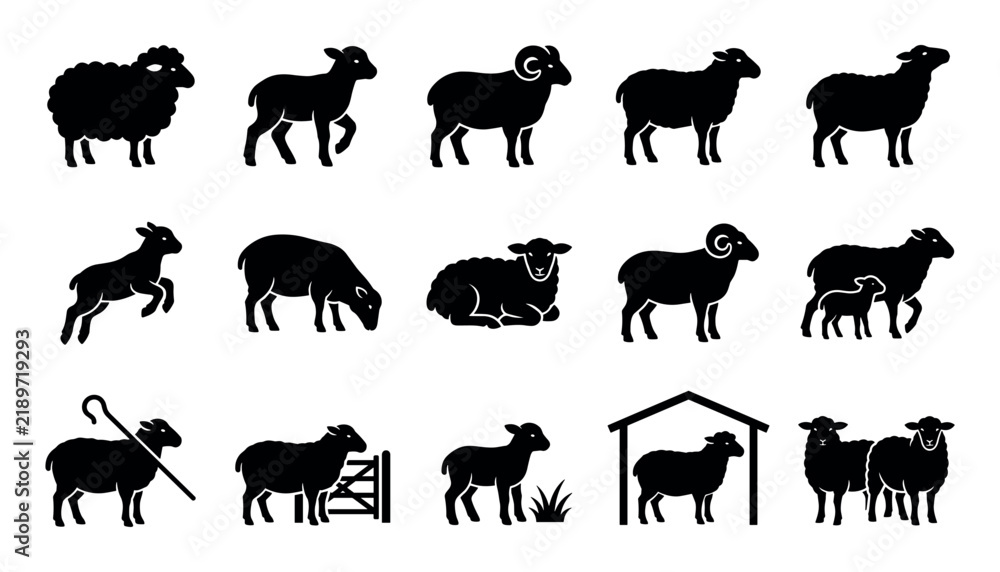 Obraz premium Black silhouette vector icons collection of sheep, lambs, rams, and farm animals isolated on white