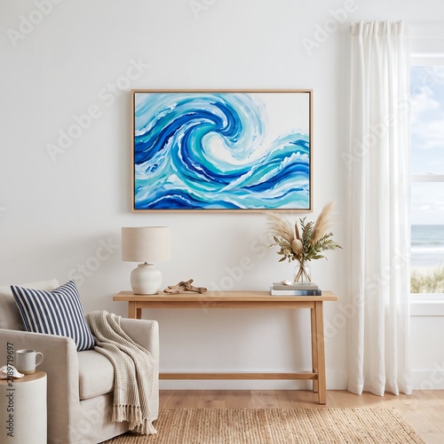 Vibrant blue abstract wave artwork in a bright contemporary living room