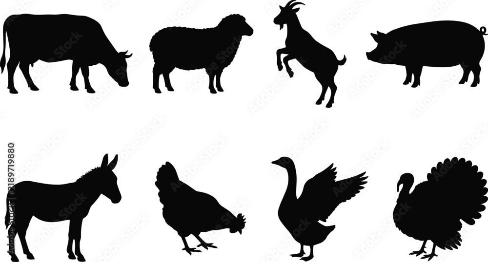 Fototapeta premium Farm animal silhouette vector icon set featuring cow, sheep, goat, pig, donkey, chicken, goose, and turkey.