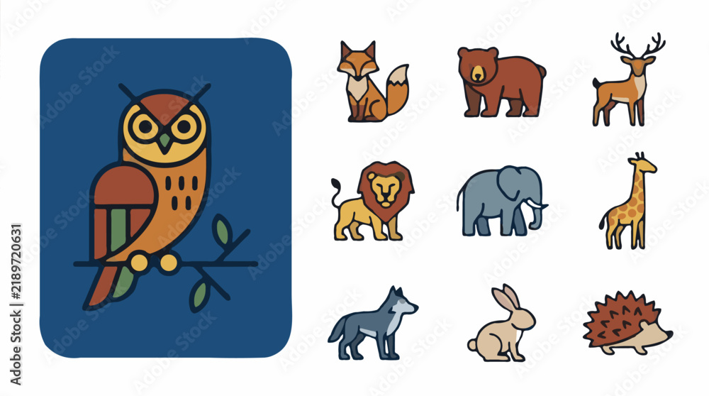 Obraz premium Flat design icon set featuring diverse animals like owl, fox, hedgehog, wolf, giraffe, bear, deer, rabbit, elephant, lion