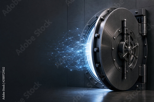 Sleek Matte-Black Vault Door Opening to Reveal a Network of Light