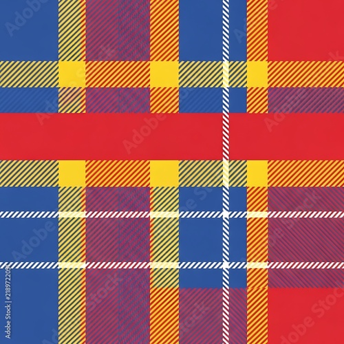 Vibrant Plaid Fabric Pattern with Intersecting Blue, Yellow, and Red Lines