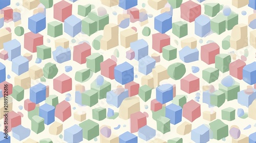 Seamless geometric pattern with colorful pastel 3D cubes and blocks on a light background, playful abstract illustration and modern surface design