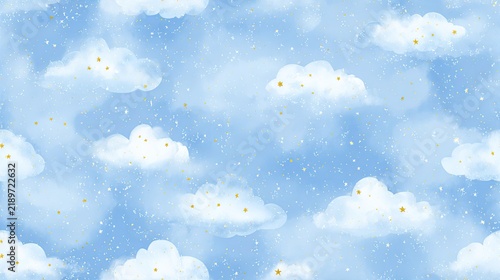 Seamless watercolor pattern with soft white clouds on a dreamy blue wash, gentle sky texture, pastel weather background and airy decorative surface design
