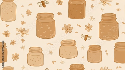 Seamless honey pattern with warm amber jars, small bees and delicate flowers on a light cream background, natural beekeeping illustration and rustic surface design