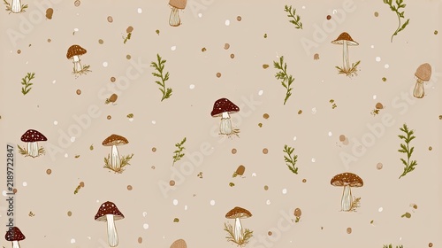 Seamless woodland pattern with small brown mushrooms, dried herbs and scattered dots on a warm beige background, rustic natural surface design