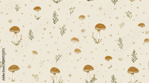 Seamless woodland pattern with small mushrooms, herbs and delicate botanical sprigs on a warm cream background, natural forest surface illustration