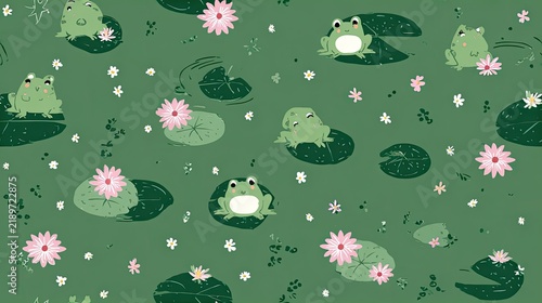 Seamless dark green pond pattern with cute frogs, lily pads and pink water flowers, whimsical wildlife illustration and rich nature surface design