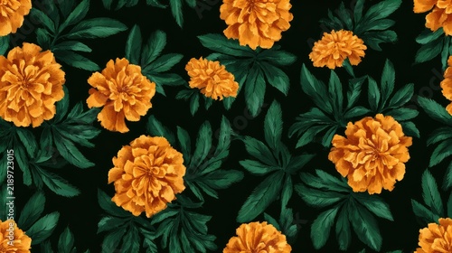 Seamless floral pattern with orange marigold flowers and dark green leafy foliage, dramatic botanical background, garden illustration and elegant surface design