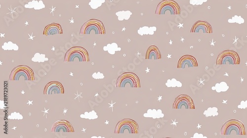 Seamless nursery pattern with pastel rainbows, white clouds and tiny stars on a dusty pink background, cute kids illustration and dreamy surface design