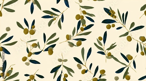 Seamless Mediterranean pattern with olive branches, green olives and dark leaves on a warm cream background, botanical food illustration and elegant surface design