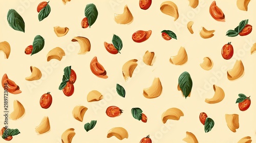 Seamless Mediterranean food pattern with garlic cloves, small tomatoes and basil leaves on a warm cream background, kitchen ingredient surface illustration