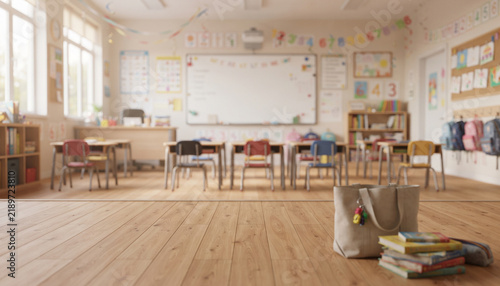 Warm back to school classroom scene with desks, books, pencils, backpacks and colorful learning supplies softly blurred in the background, creating a clean educational backdrop