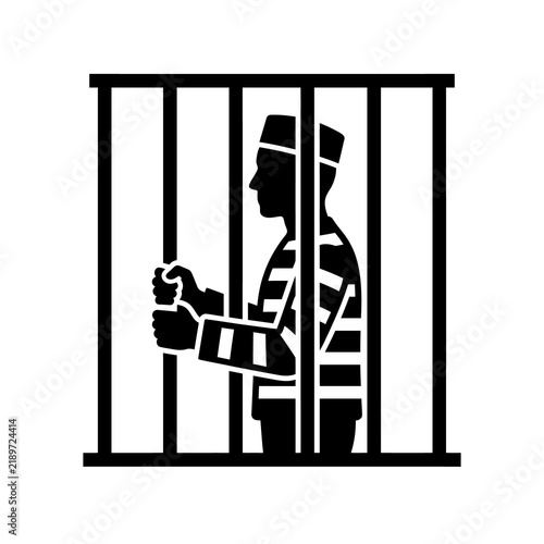 Obraz na plátně Prisoner behind iron bars silhouette icon showing jailed man wearing striped uniform representing criminal justice incarceration confinement legal punishment