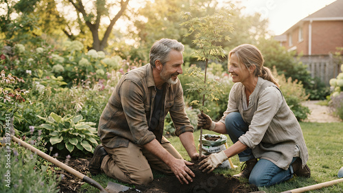 Mature couple collaborating on gardening project in outdoor backyard with natural daylight and open space