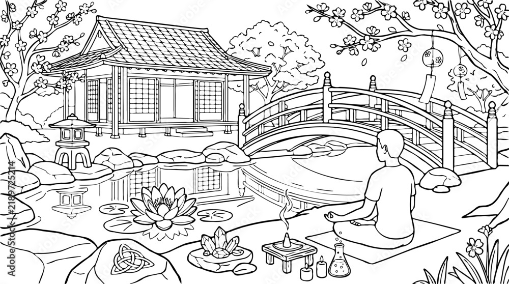 Fototapeta premium Man meditating in a Japanese garden with a traditional building, arched bridge, and tranquil pond, line art illustration