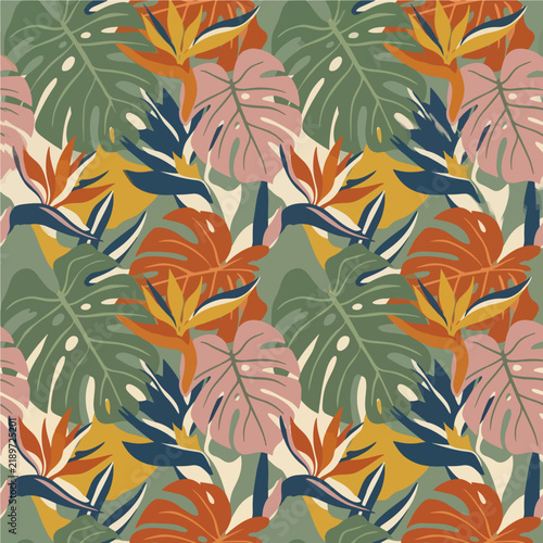 Seamless Tropical Monstera Leaf and Bird of Paradise Pattern