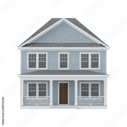 Photorealistic 3D render of a classic two-story American house, pale blue clapboard, gray roof, white grid windows, covered porch, on a transparent background. Modern residential design concept