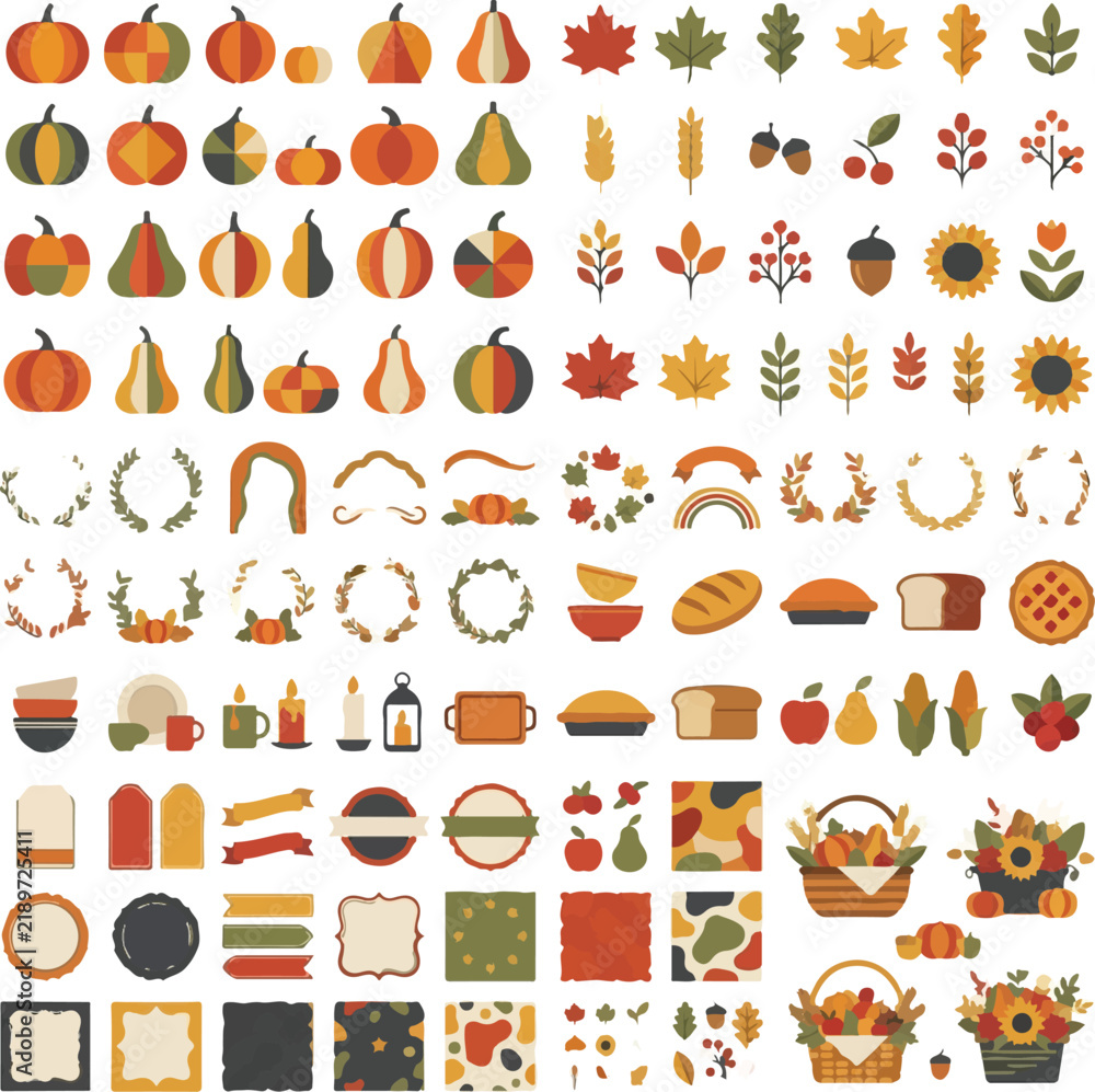 Obraz premium Harvest icon set displays stylized pumpkins, fall foliage, baked goods, labels, and picnic baskets.