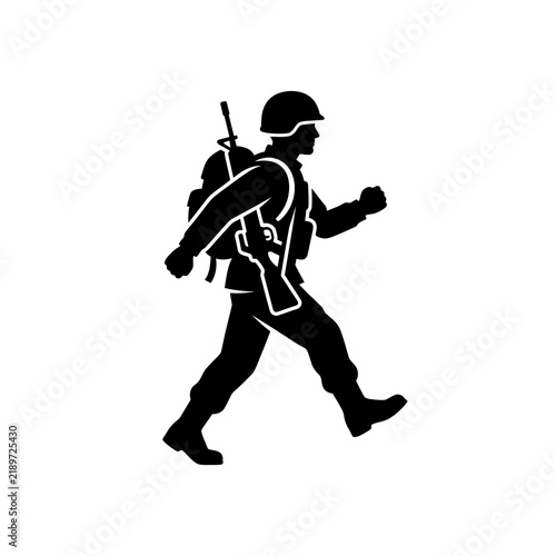 Konstfotografi Military soldier silhouette marching with assault rifle and backpack