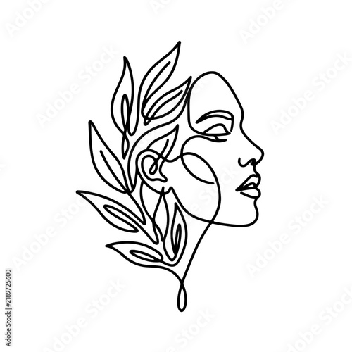 Continuous Line Art Woman Profile with Botanical Leaves