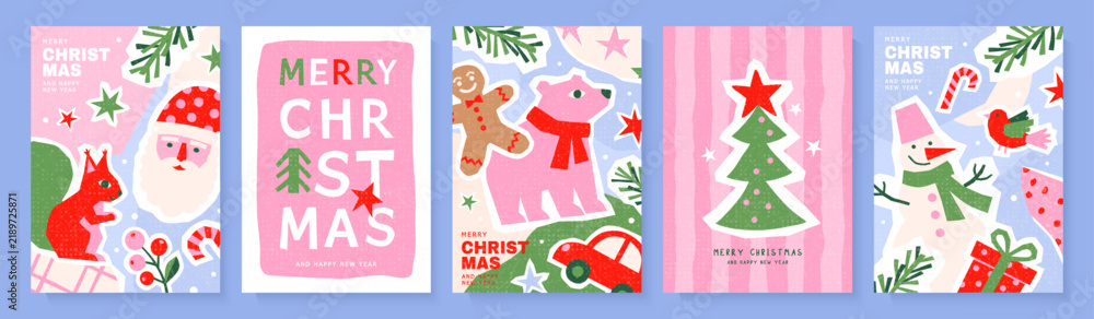 Obraz premium Set of Christmas greeting cards in paper-cut style with grainy texture, featuring Santa, squirrel and snowman. Cute holiday posters for seasonal celebration and decor, vector illustration.