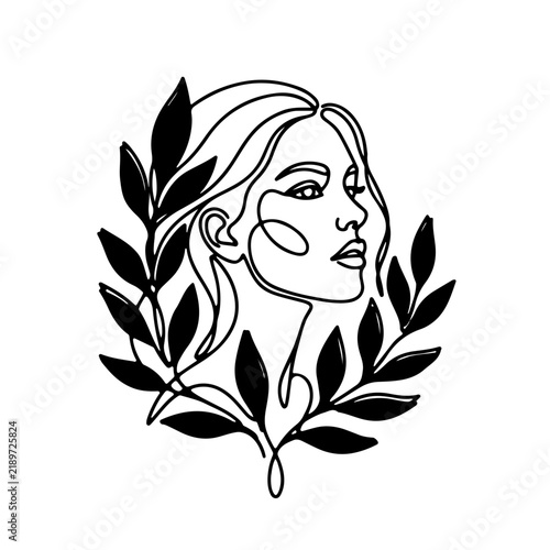 Minimalist line art woman portrait with botanical leaves