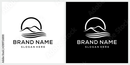 Mountain peak summit rocky with wave river lake creek for adventure outdoor logo design