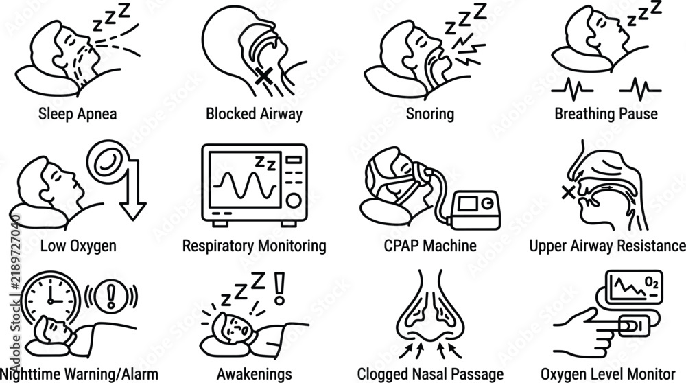 Obraz premium Respiratory Protection and Smoke Safety Line Icon Set Featuring Breathing Protection, Air Pollution, Smoke Exposure, Protective Masks, Lung Health, Safety Measures, Prevention and Healthcare 
